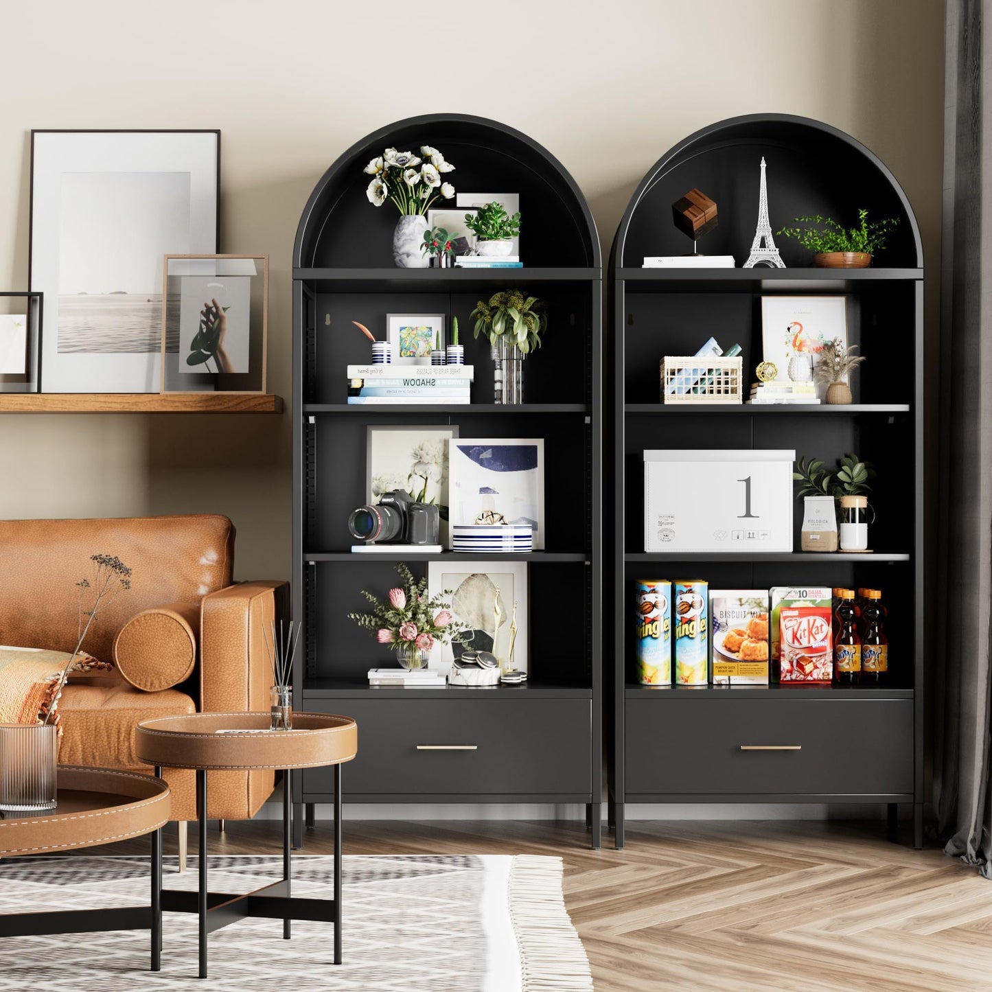 Metal Arched Bookshelf & Pantry Cabinet with Drawer (Black)
