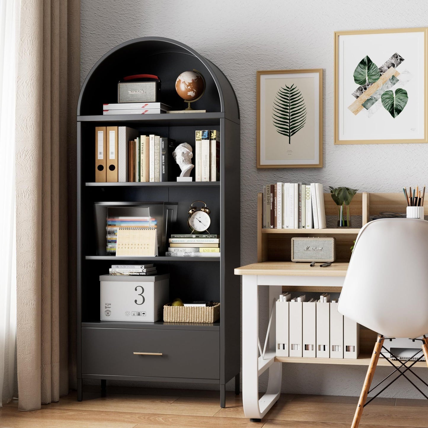 Metal Arched Bookshelf & Pantry Cabinet with Drawer (Black)