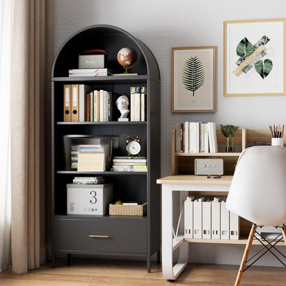 Metal Arched Bookshelf & Pantry Cabinet with Drawer (Black)