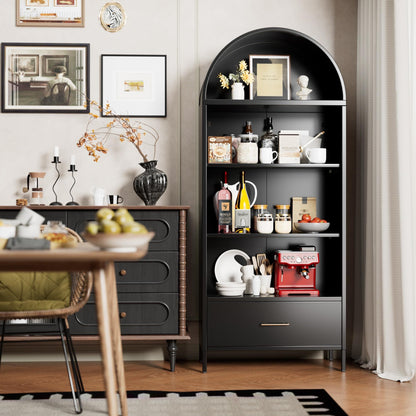 Metal Arched Bookshelf & Pantry Cabinet with Drawer (Black)
