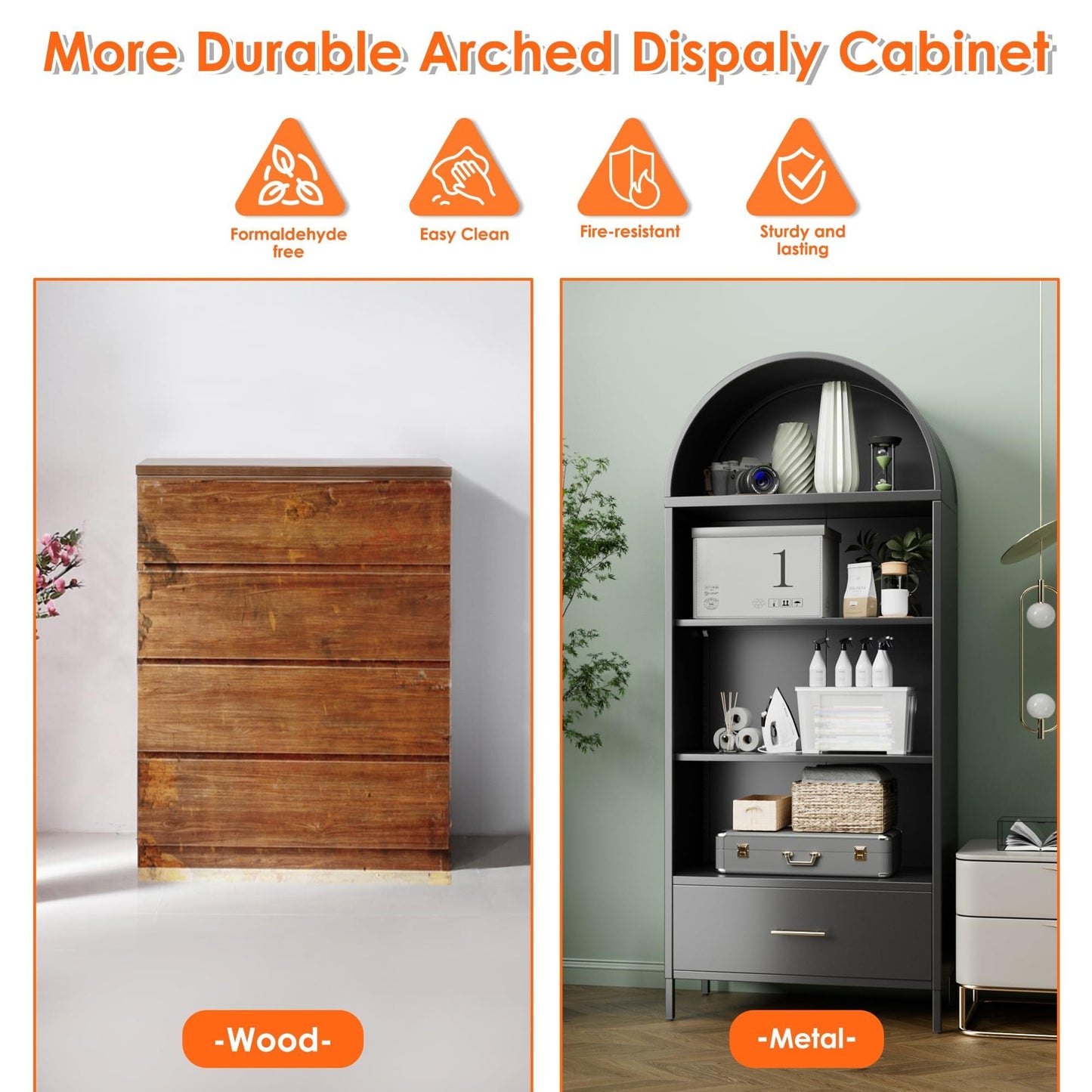 Metal Arched Bookshelf & Pantry Cabinet with Drawer (Black)