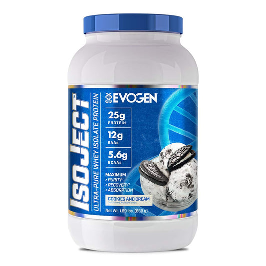 Evogen IsoJect Whey Protein Isolate Cookies & Cream, whey protein isolate powder with 26 servings, premium whey protein isolate for post-workout shakes, Cookies and Cream whey protein isolate powder, high-quality whey protein for active lifestyles, fast-mixing whey protein isolate supplement, protein powder for strength training and fitness, Evogen whey protein isolate for men and women, low-carb whey protein isolate with Cookies & Cream flavor, premium protein shake powder for daily nutrition