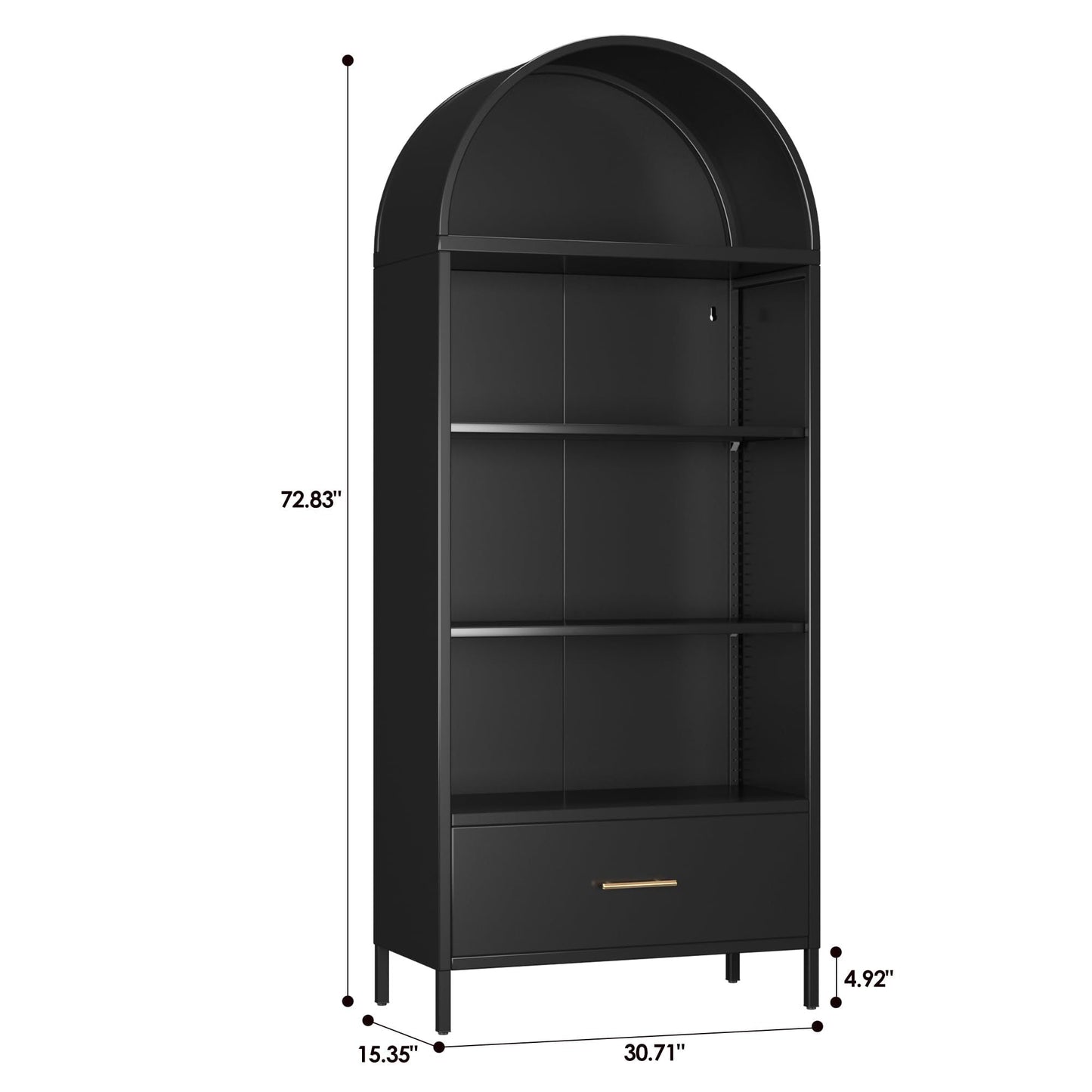 Metal Arched Bookshelf & Pantry Cabinet with Drawer (Black)