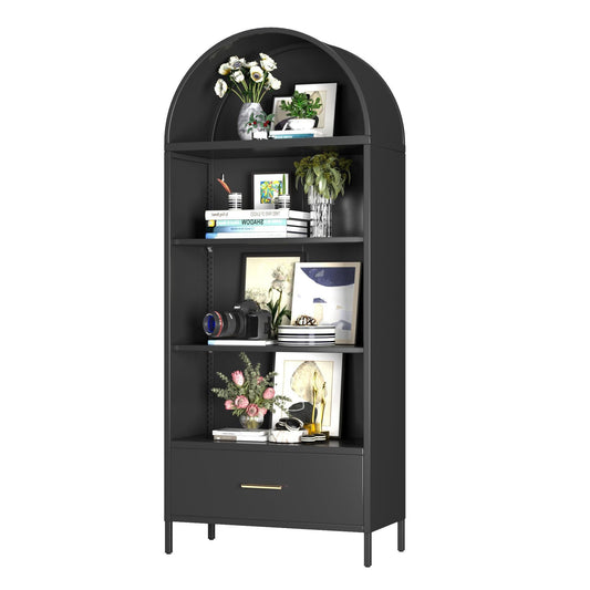 metal arched bookshelf and pantry cabinet with drawer, black metal bookshelf with storage drawer, modern arched bookshelf for living room storage, metal pantry cabinet with drawer for kitchen organization, freestanding metal bookshelf with open shelves, black storage cabinet with drawer for home office, multifunctional metal display bookshelf with drawer, stylish metal bookcase for living room and bedroom, space-saving metal pantry cabinet with open shelving, modern black metal bookshelf for home organizati